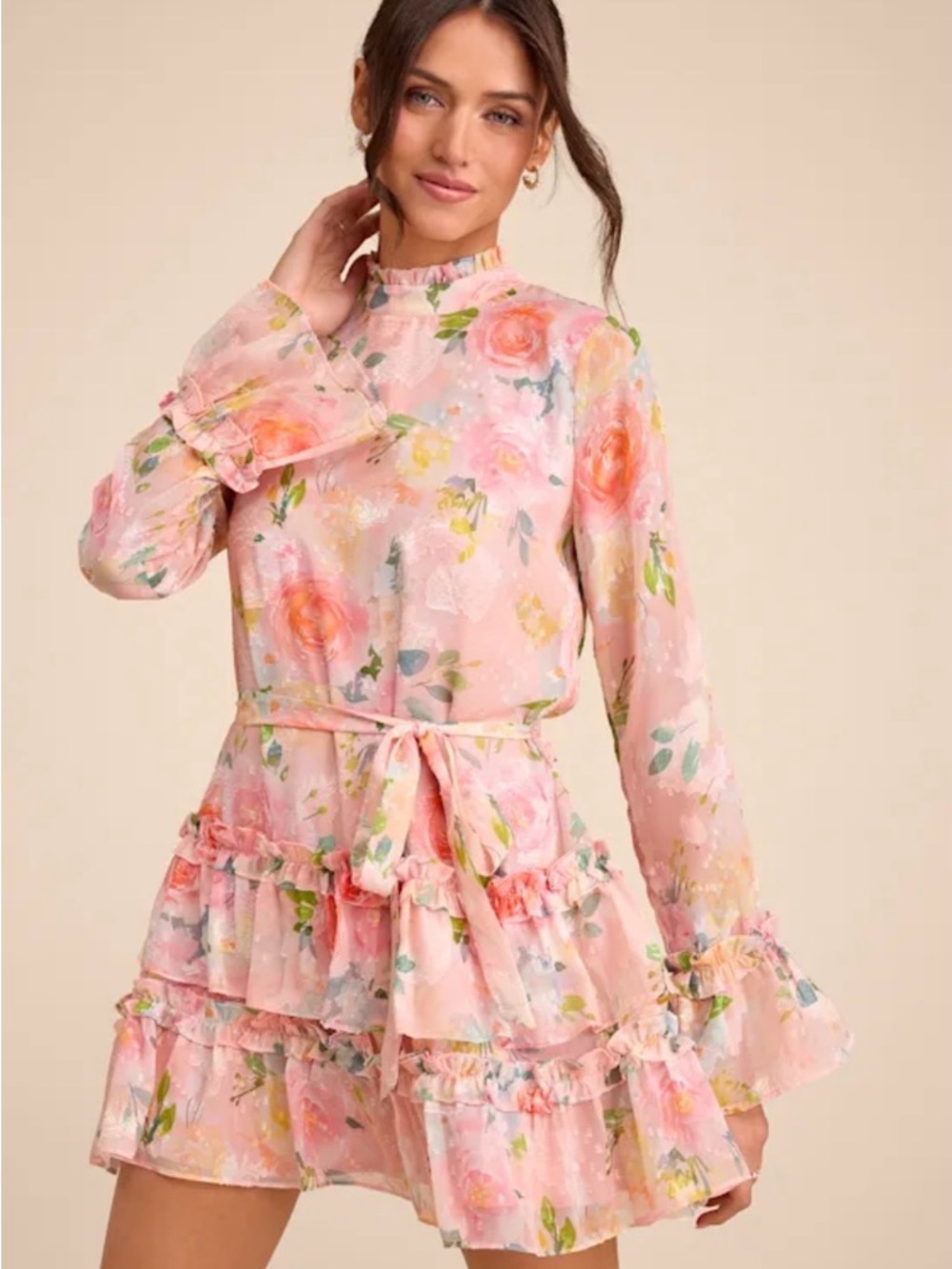 Lulus Pink Floral Ruffle Mini Dress Size L